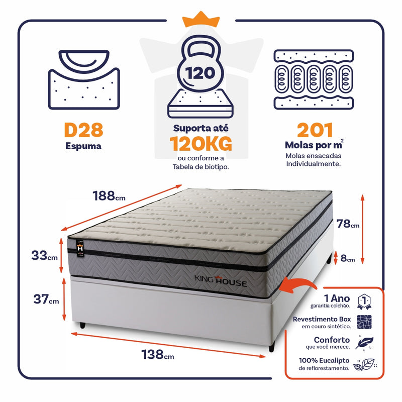 Cama Box Baú Preston 138x188 c/ Molas Ensacadas King House