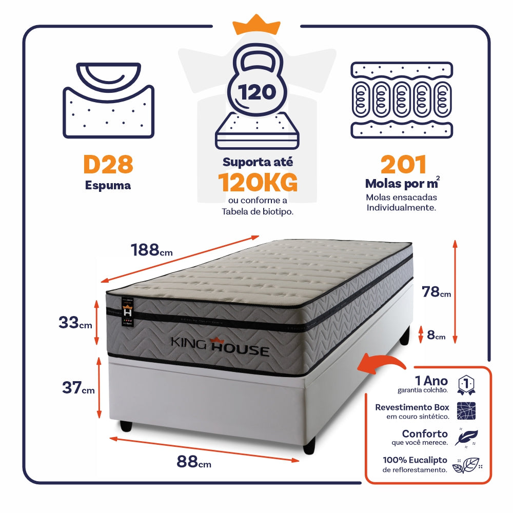 Cama Box Baú Preston 88x188 c/ Molas Ensacadas King House