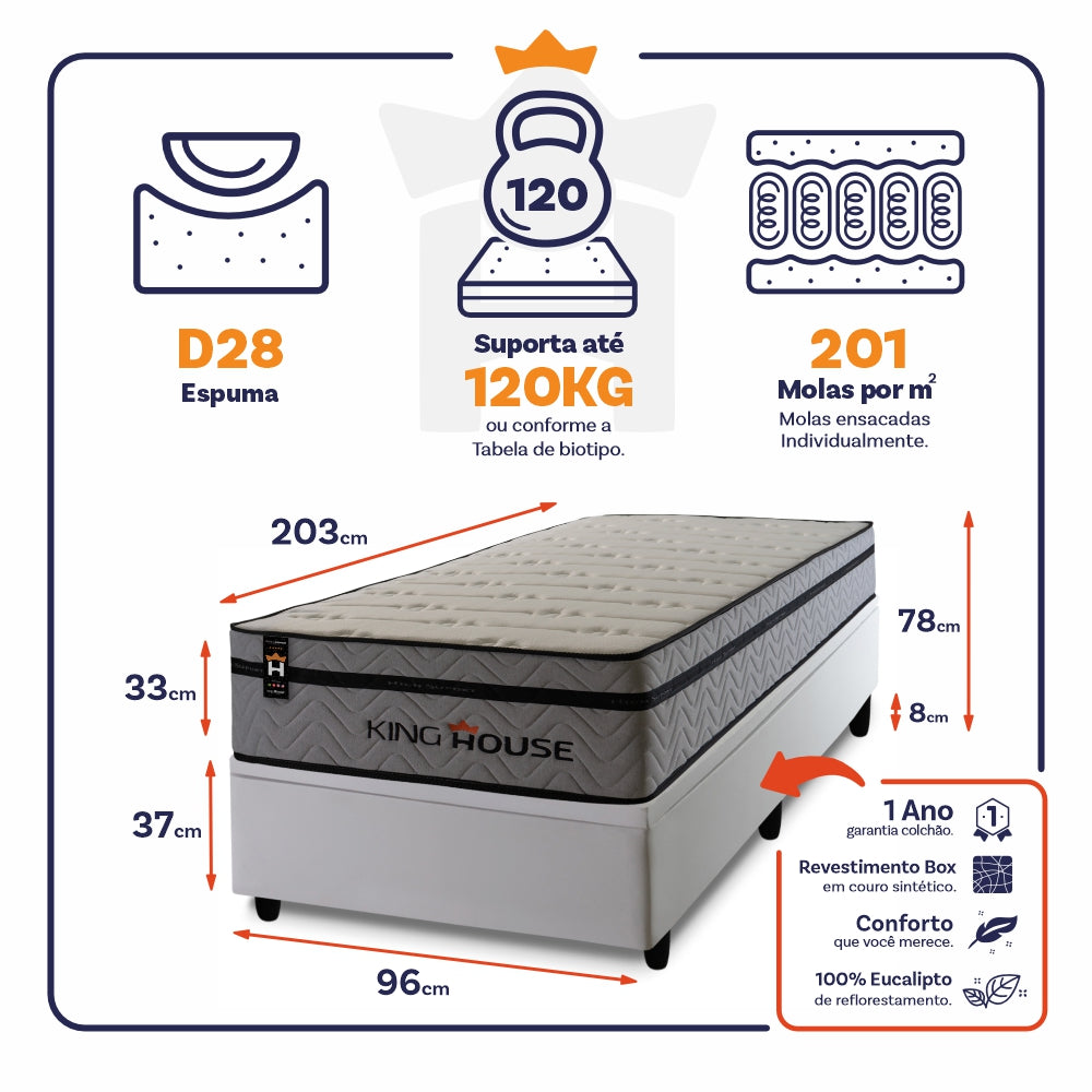 Cama Box Baú Preston 96x203 c/ Molas Ensacadas King House