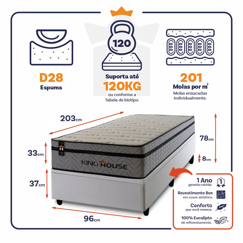 Cama Box Baú Preston 96x203 c/ Molas Ensacadas King House