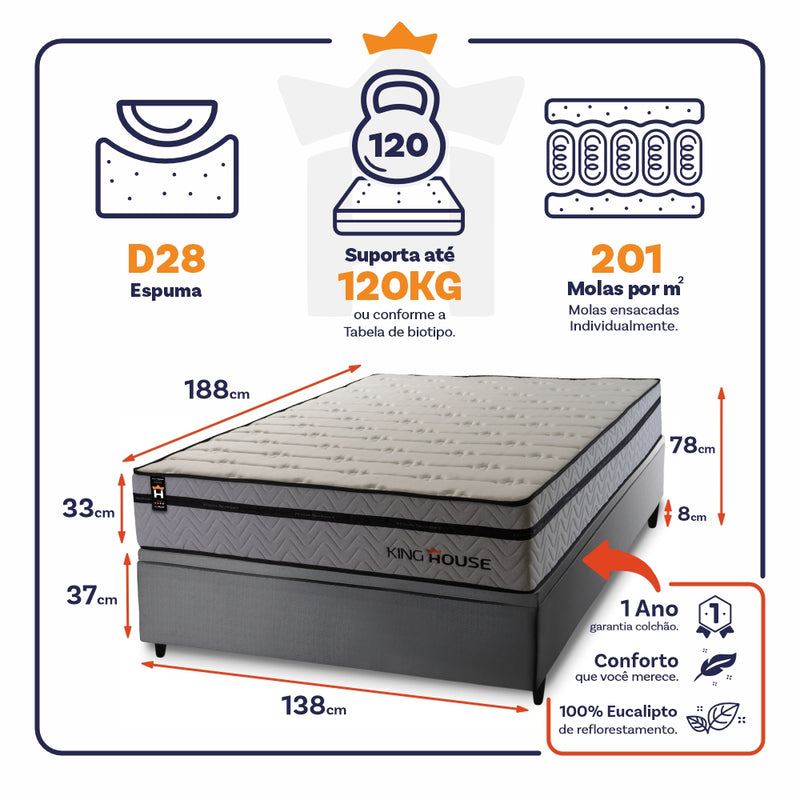 Cama Box Baú Preston 138x188 c/ Molas Ensacadas King House