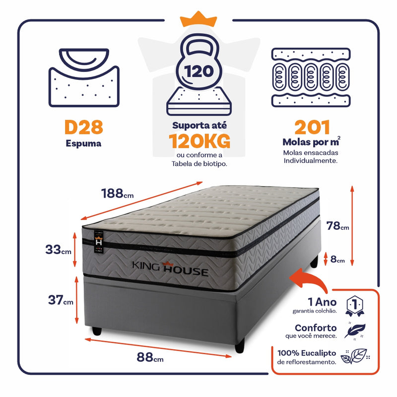 Cama Box Baú Preston 88x188 c/ Molas Ensacadas King House