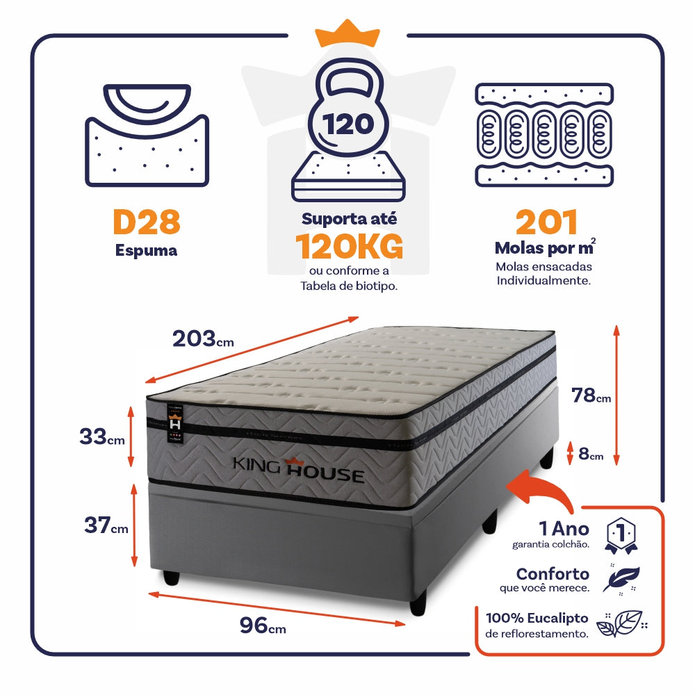 Cama Box Baú Preston 96x203 c/ Molas Ensacadas King House