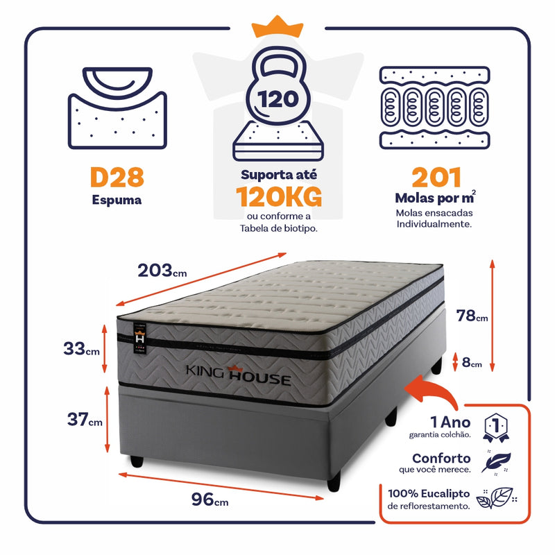 Cama Box Baú Preston 96x203 c/ Molas Ensacadas King House