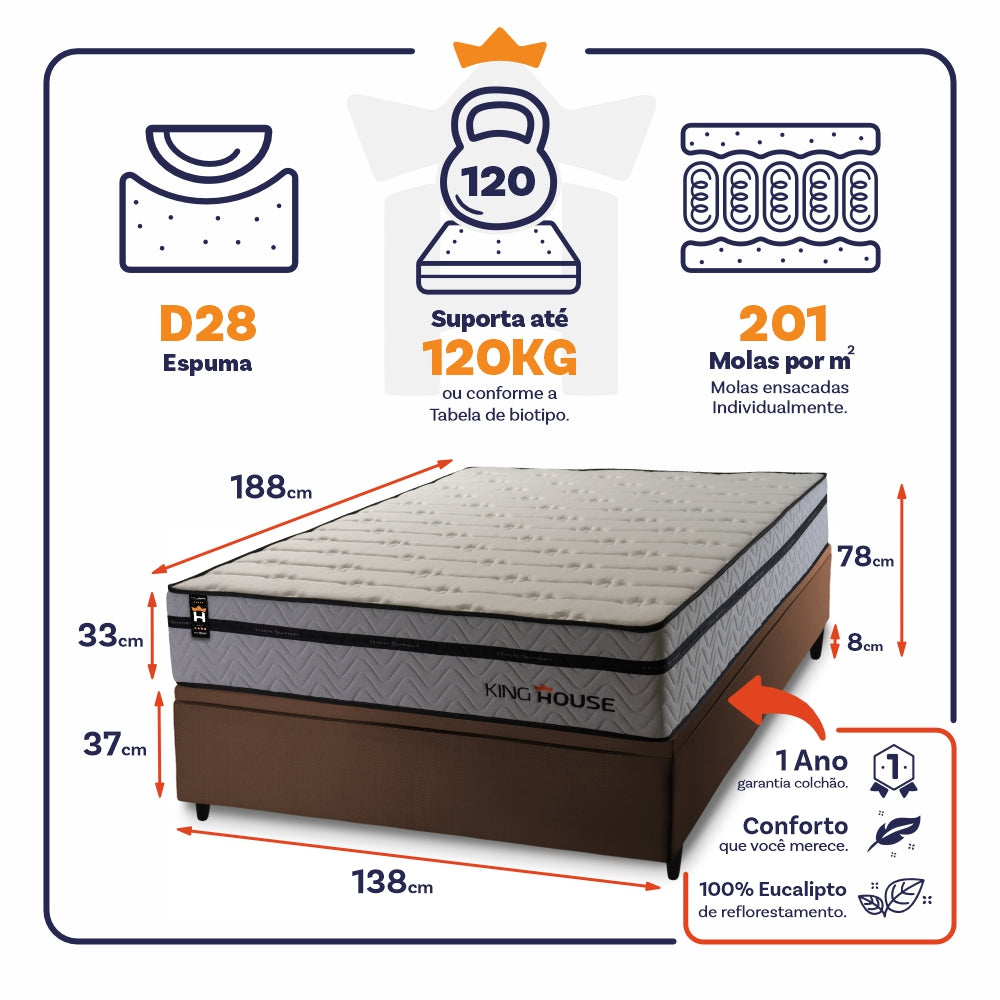 Cama Box Baú Preston 138x188 c/ Molas Ensacadas King House