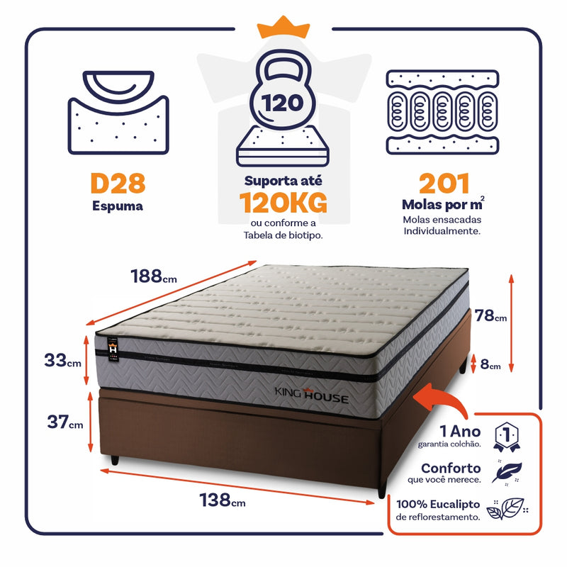 Cama Box Baú Preston 138x188 c/ Molas Ensacadas King House