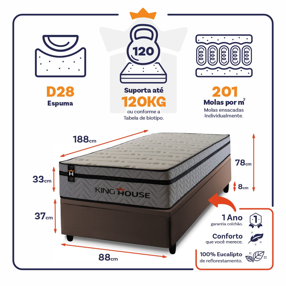 Cama Box Baú Preston 88x188 c/ Molas Ensacadas King House