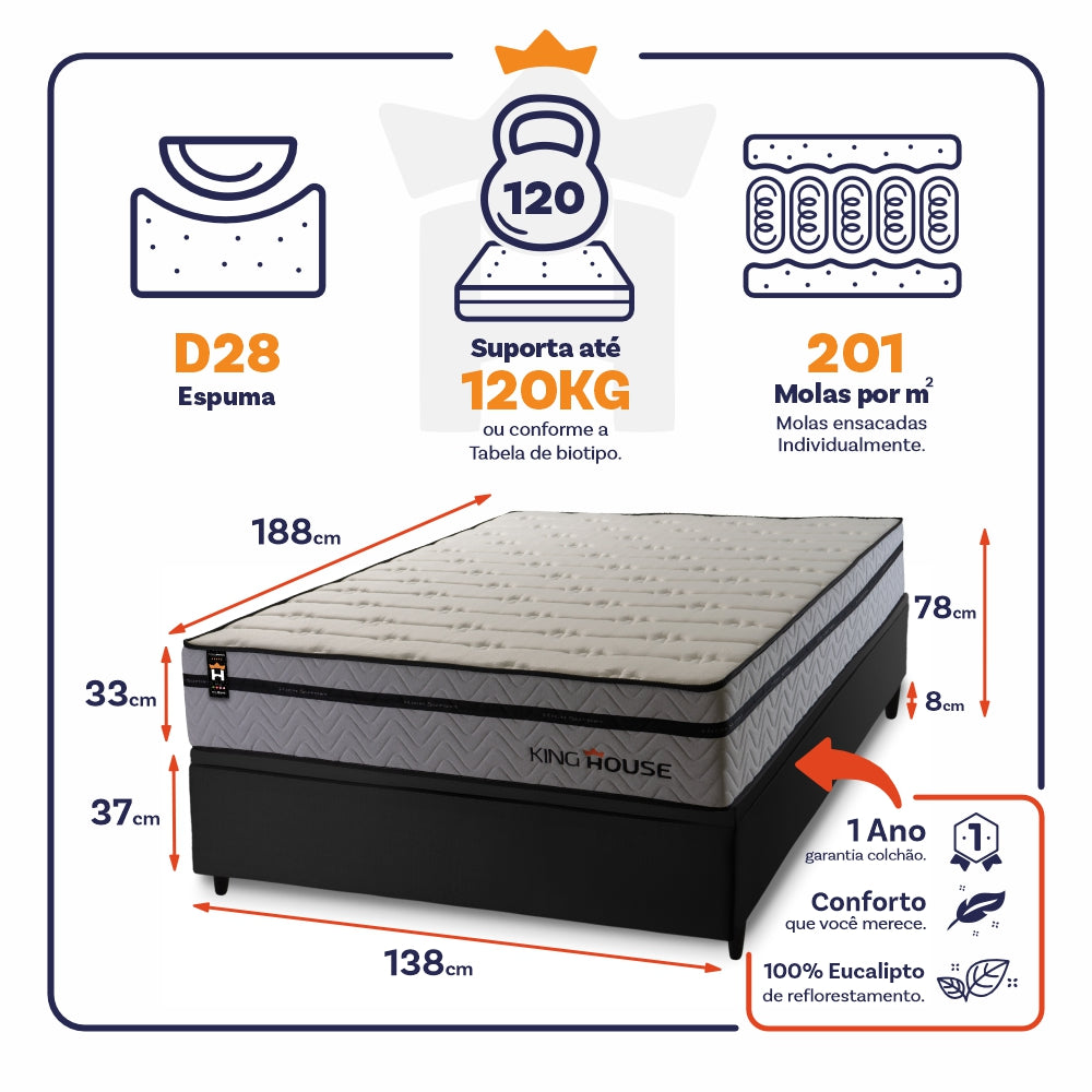 Cama Box Baú Preston 138x188 c/ Molas Ensacadas King House