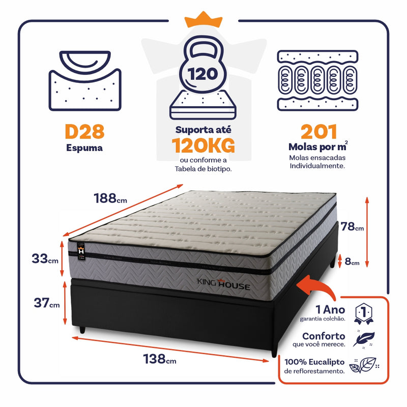 Cama Box Baú Preston 138x188 c/ Molas Ensacadas King House