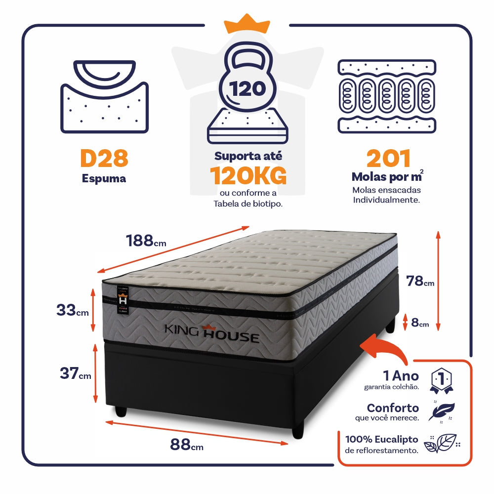 Cama Box Baú Preston 88x188 c/ Molas Ensacadas King House