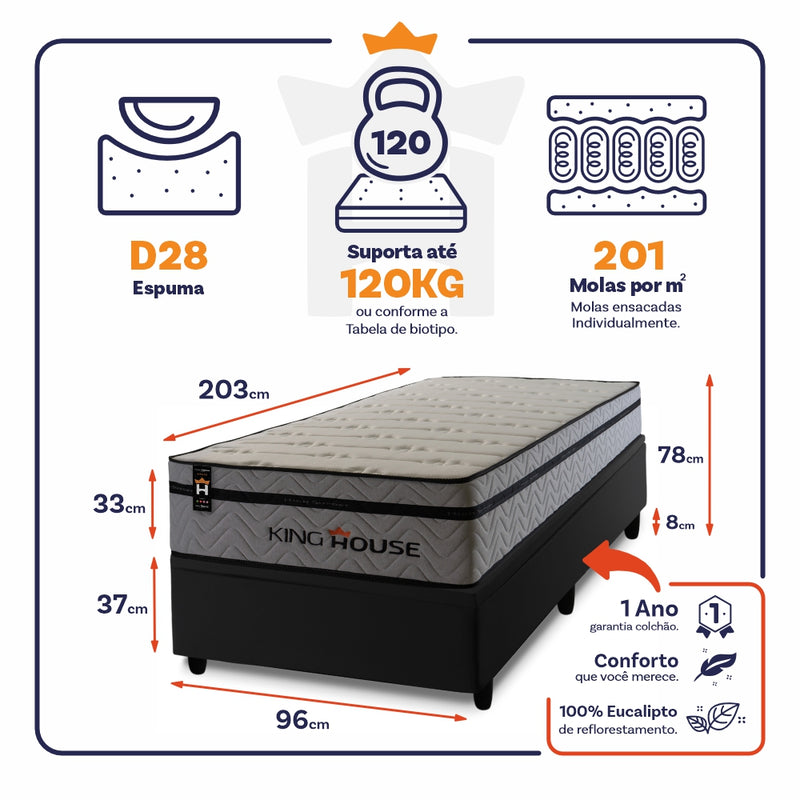 Cama Box Baú Preston 96x203 c/ Molas Ensacadas King House