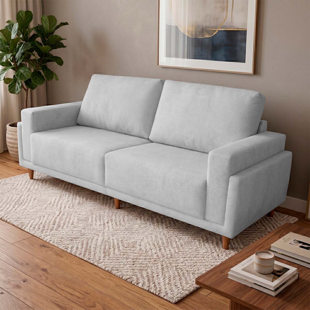 Sofá Living Privilege 2,15m Bouclê Cinza Pés de Madeira