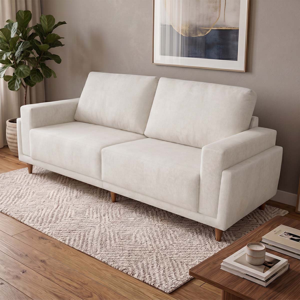 Sofá Living Privilege 2,15m Bouclê Off White Pés de Madeira