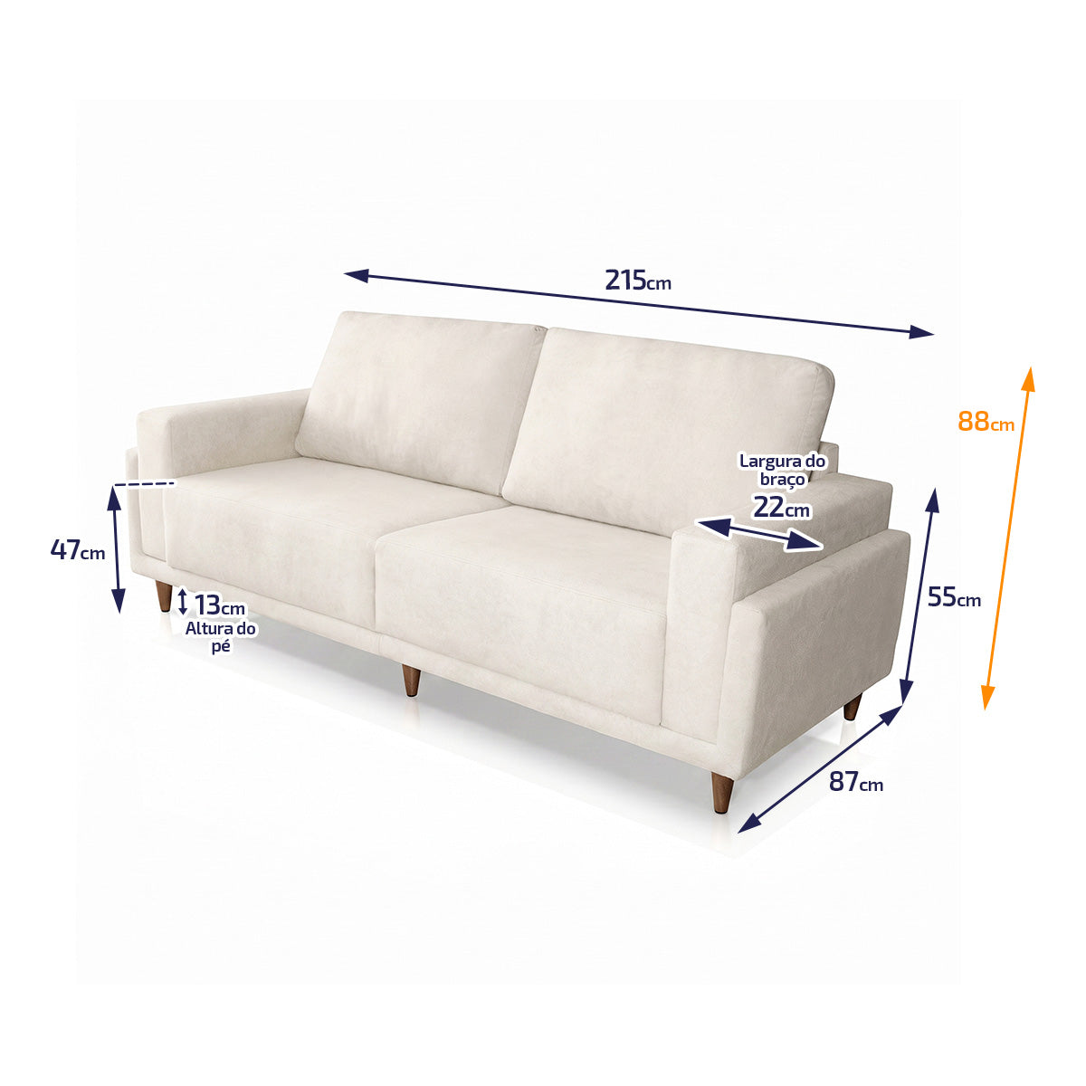 Sofá Living Privilege 2,15m Bouclê Off White Pés de Madeira