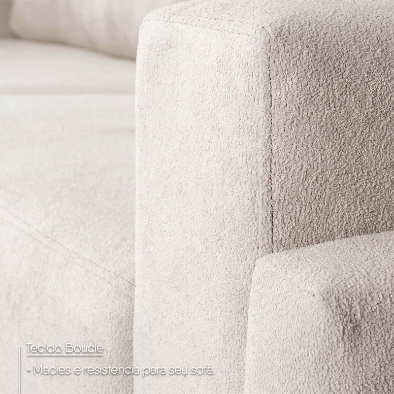 Sofá Living Privilege 2,15m Bouclê Off White Pés de Madeira