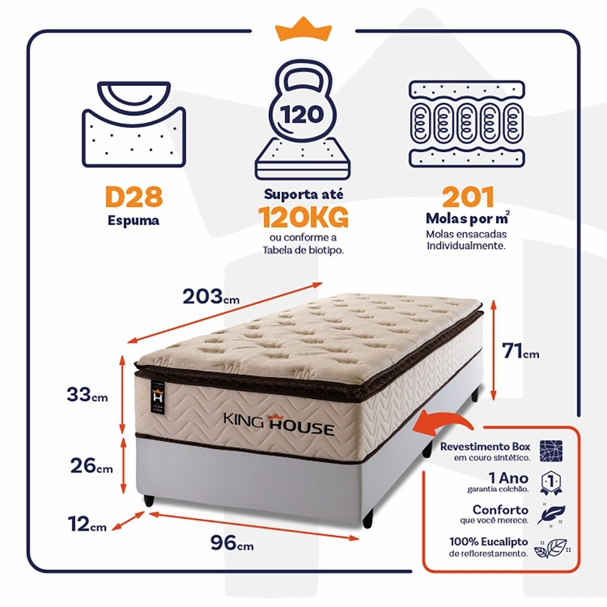 Cama Box Molas Ensacadas Quartzo Solteirão 96x203 King House