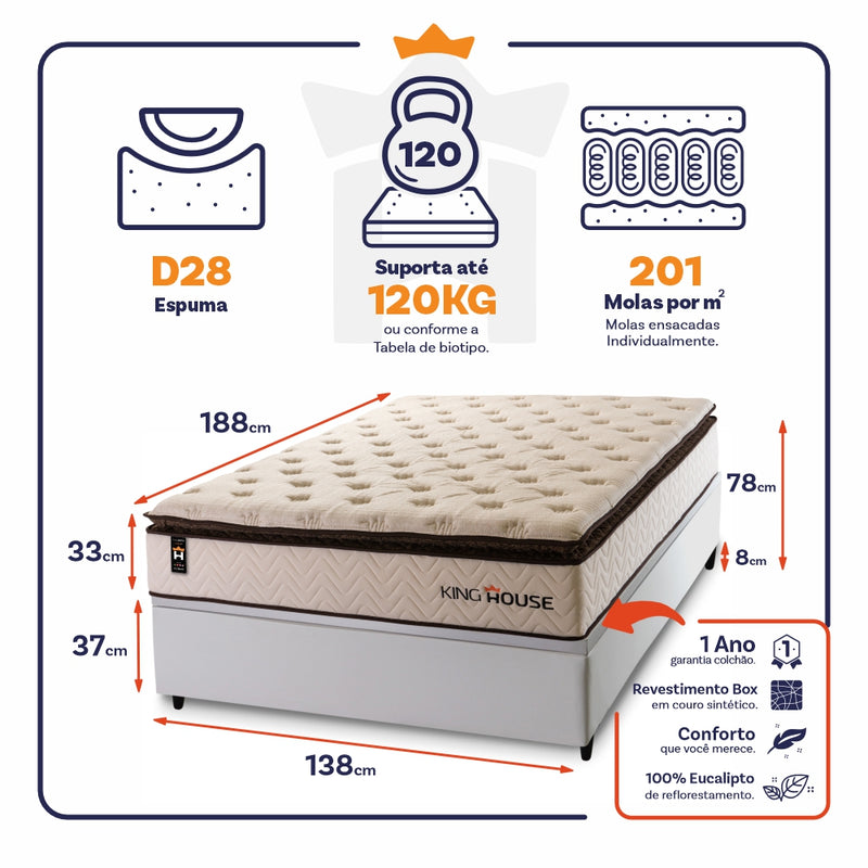 Cama Box Baú Quartzo 138x188 c/ Molas Ensacadas King House