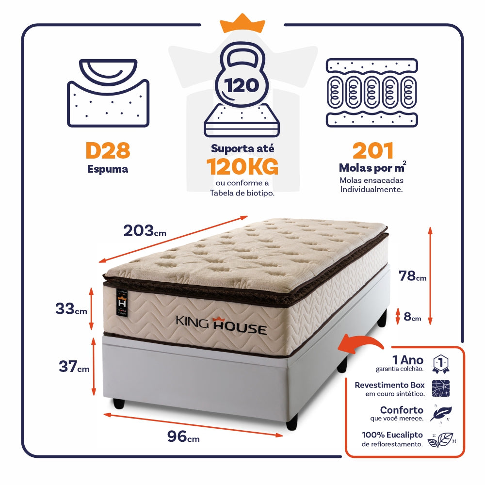 Cama Box Baú Quartzo 96x203 c/ Molas Ensacadas King House