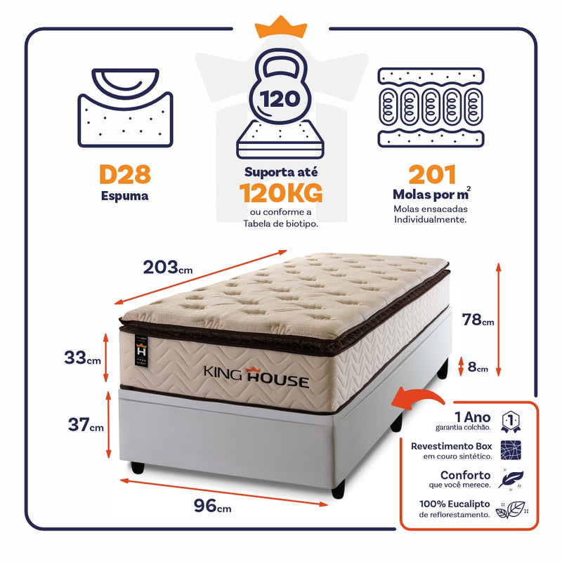 Cama Box Baú Quartzo 96x203 c/ Molas Ensacadas King House