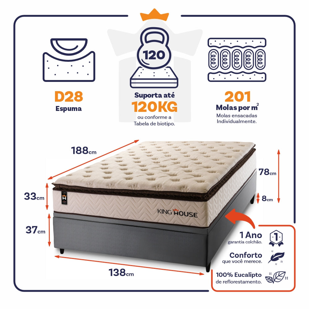 Cama Box Baú Quartzo 138x188 c/ Molas Ensacadas King House