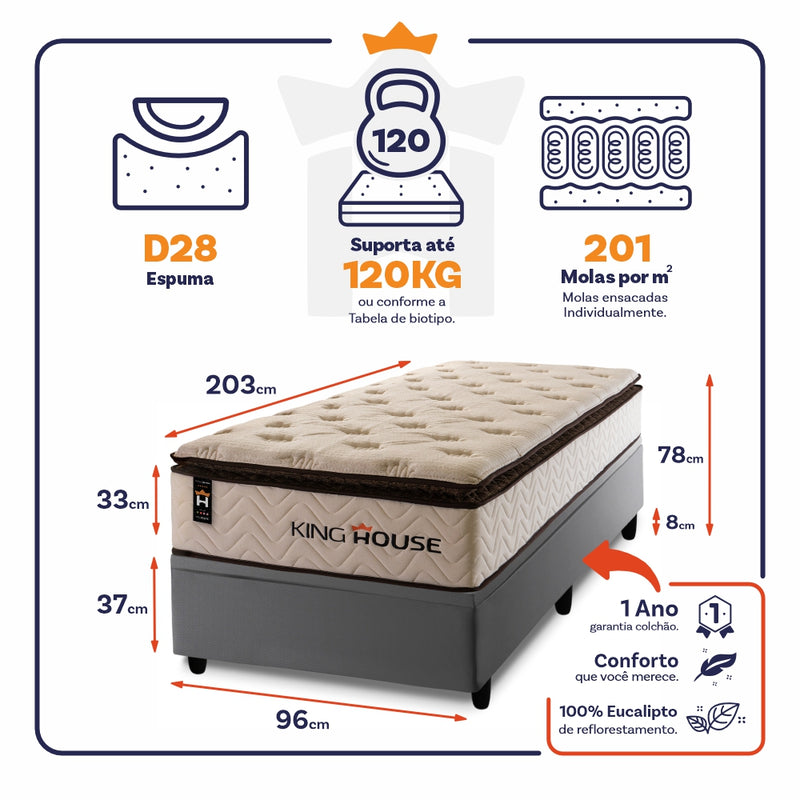 Cama Box Baú Quartzo 96x203 c/ Molas Ensacadas King House