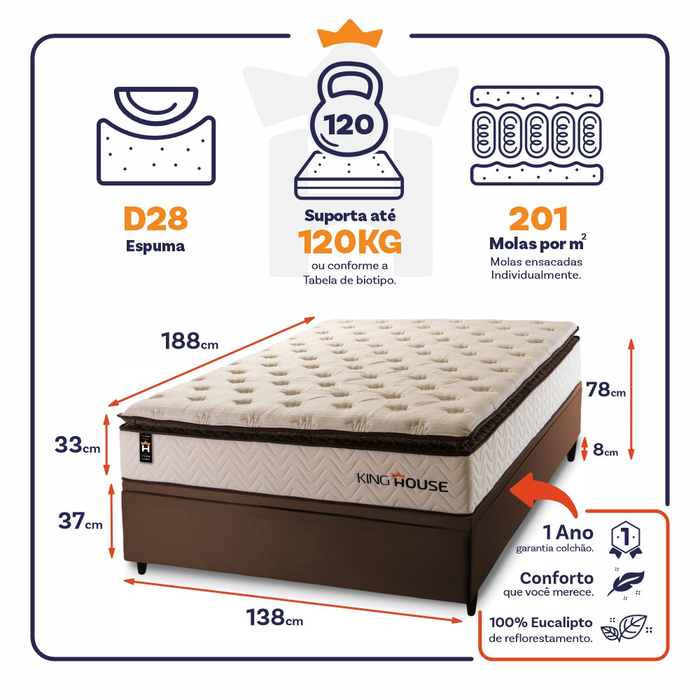 Cama Box Baú Quartzo 138x188 c/ Molas Ensacadas King House