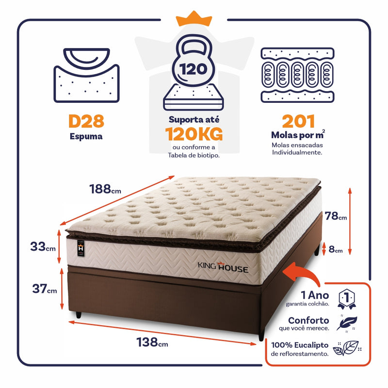 Cama Box Baú Quartzo 138x188 c/ Molas Ensacadas King House
