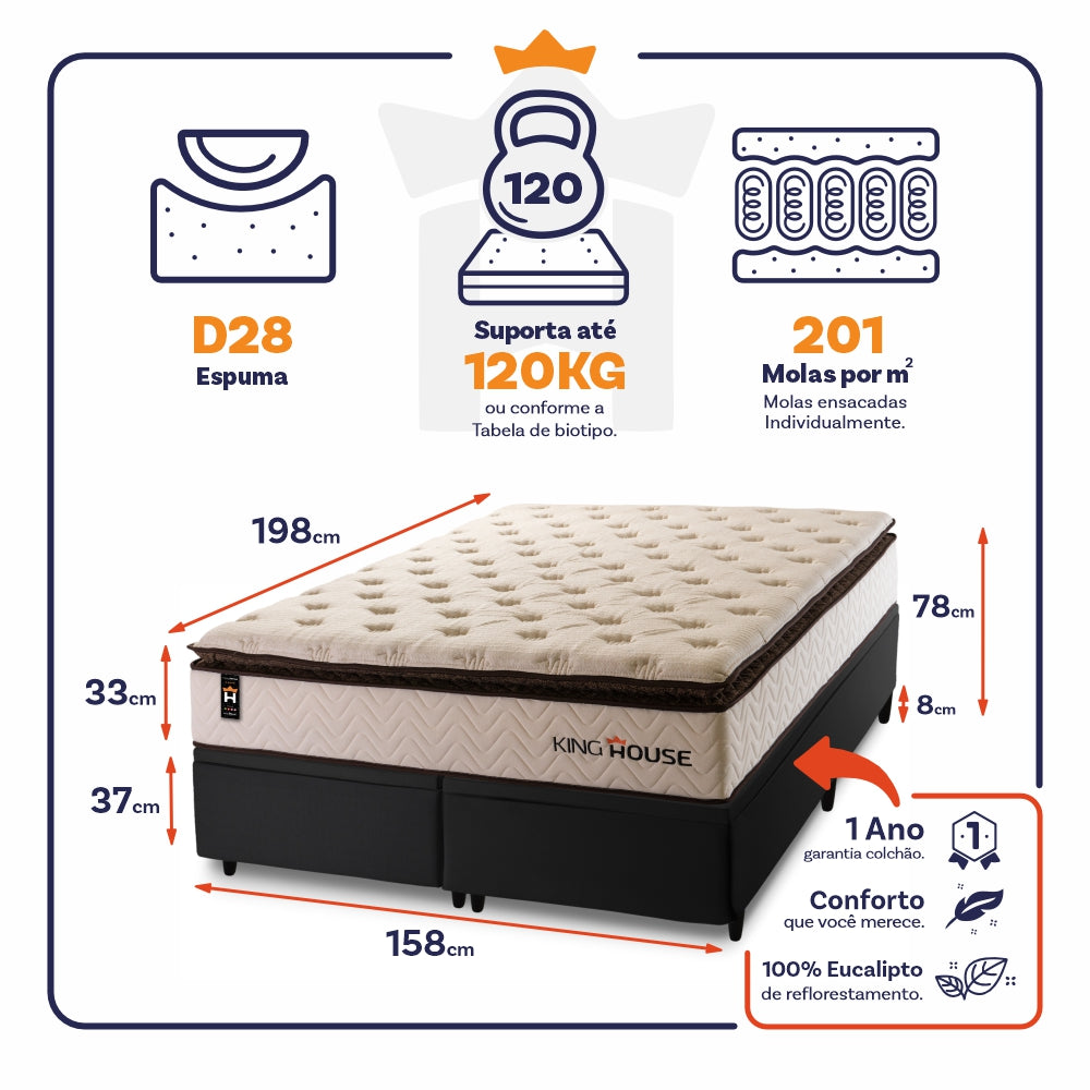 Cama Box Baú Quartzo c/ Molas Ensacadas 158x198 King House