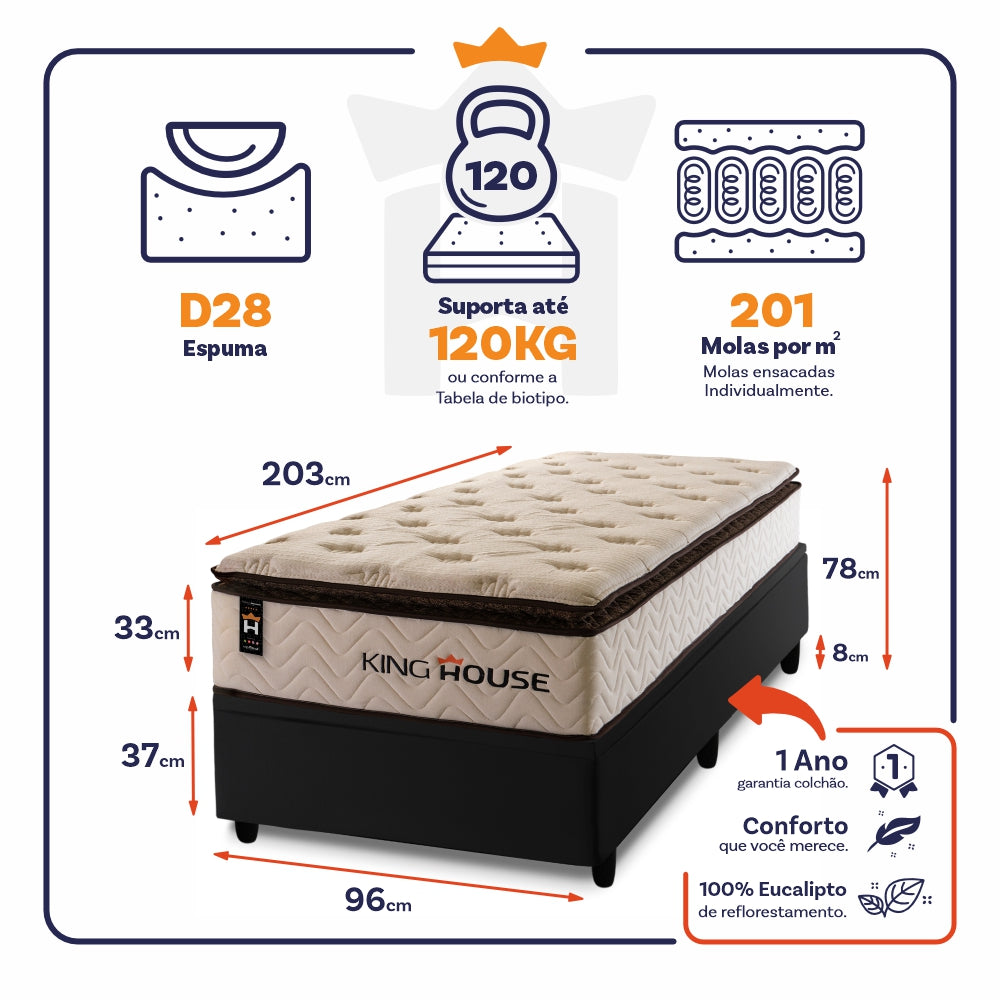 Cama Box Baú Quartzo 96x203 c/ Molas Ensacadas King House