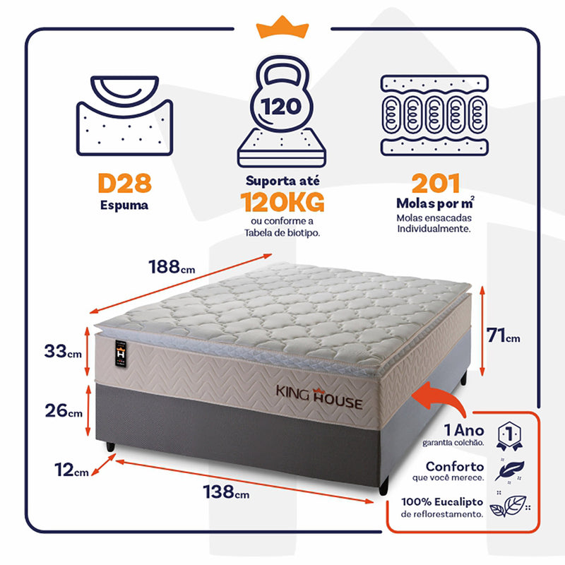 Cama Box Molas Ensacadas Roma Casal 138x188 Cinza King House