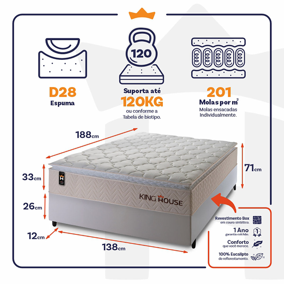 Cama Box Molas Ensacadas Roma Casal 138x188 Bege King House