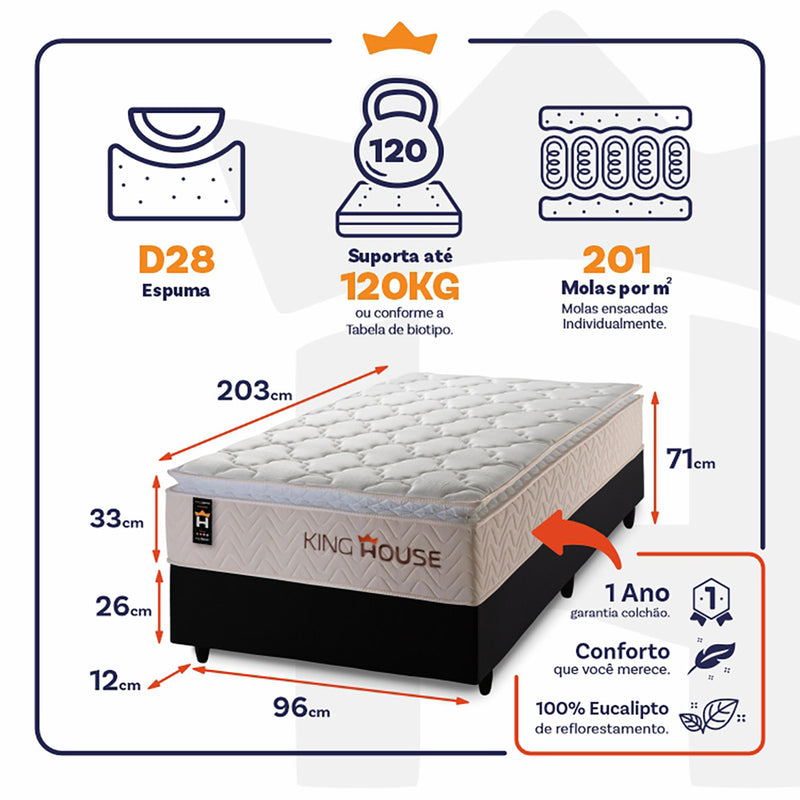 Cama Box Molas Ensacadas Roma Solteirão 96x203 King House