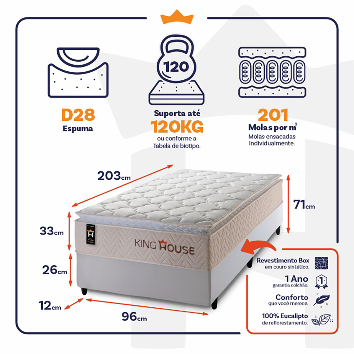 Cama Box Molas Ensacadas Roma Solteirão 96x203 King House