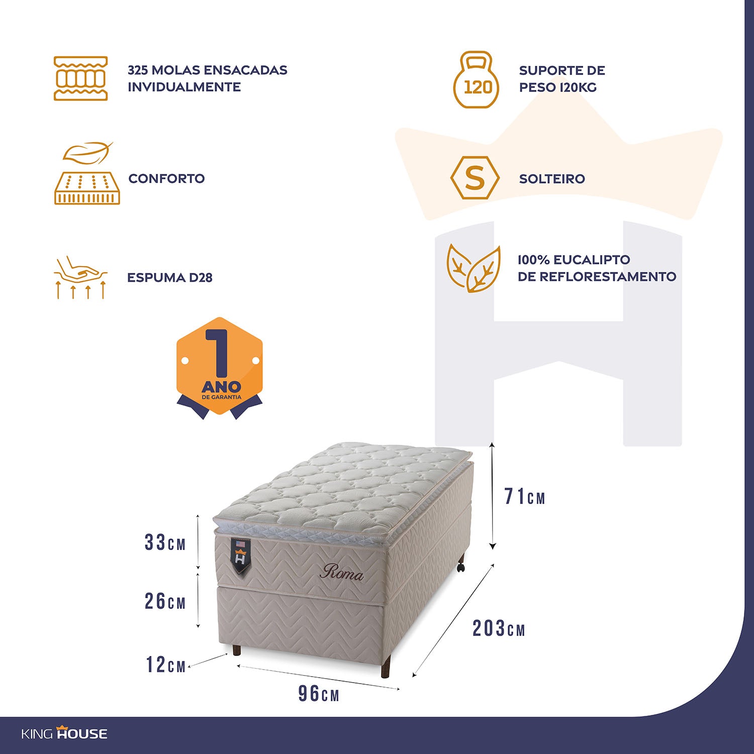 Cama Box Solteirão 96x203 Roma Molas Ensacadas King House