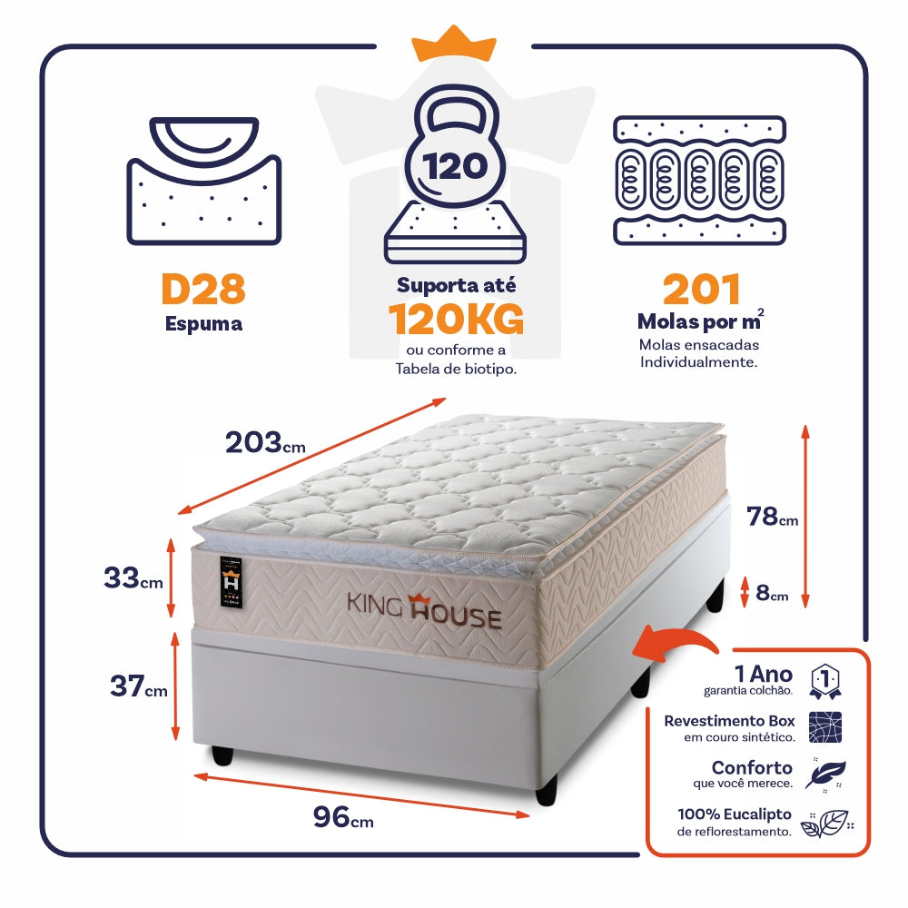 Cama Box Baú Roma 96x203 c/ Molas Ensacadas King House