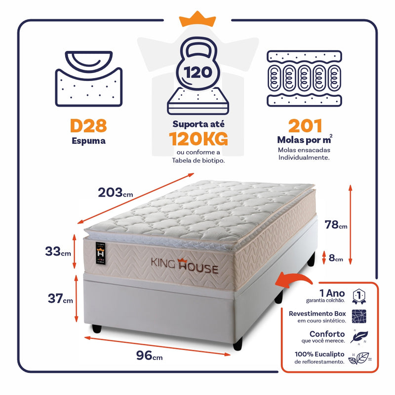 Cama Box Baú Roma 96x203 c/ Molas Ensacadas King House