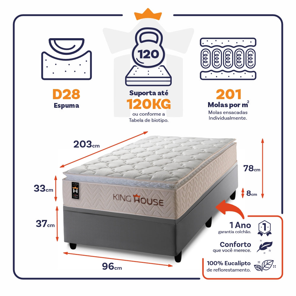 Cama Box Baú Roma 96x203 Cinza C/ Molas Ensacadas King House
