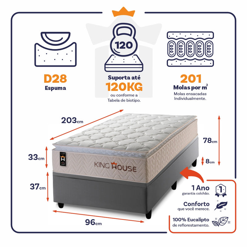 Cama Box Baú Roma 96x203 Cinza C/ Molas Ensacadas King House