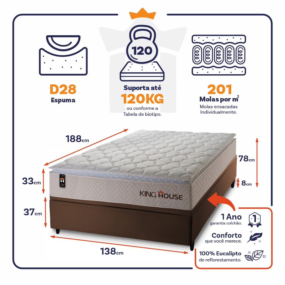 Cama Box Baú Roma 138x188 c/ Molas Ensacadas King House