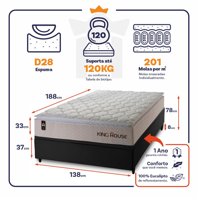 Cama Box Baú Roma 138x188 c/ Molas Ensacadas King House