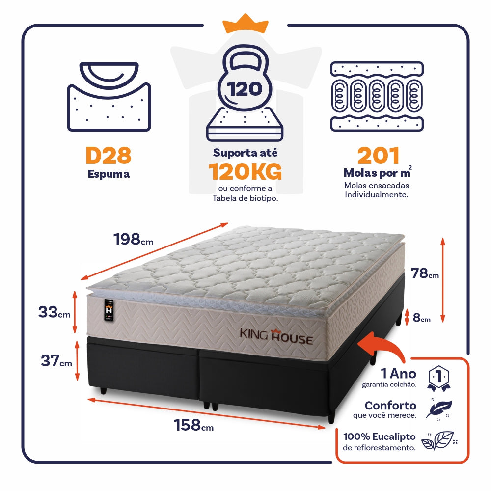 Cama Box Baú Roma c/ Molas Ensacadas 158x198 Bege King House
