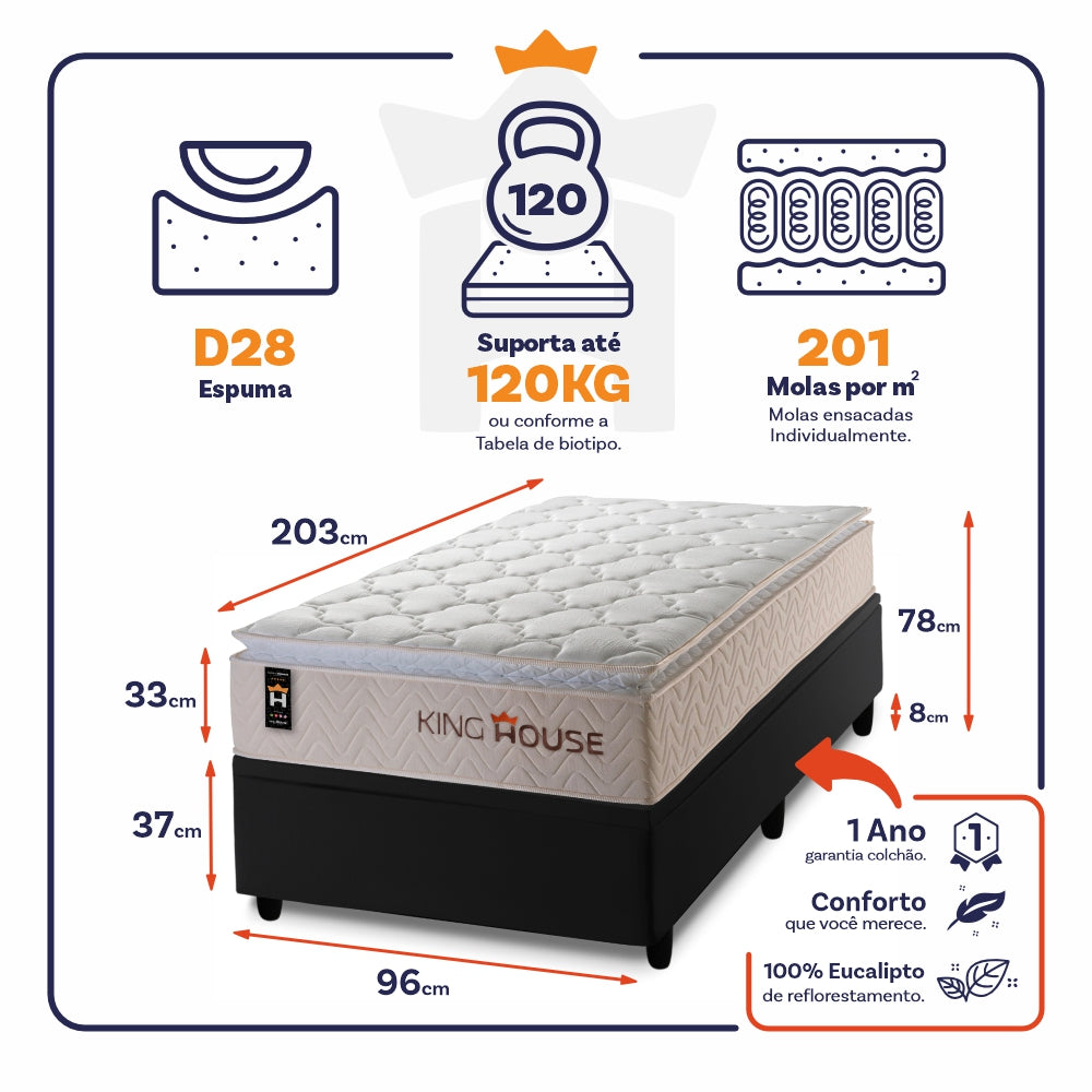 Cama Box Baú Roma 96x203 Preto C/ Molas Ensacadas King House