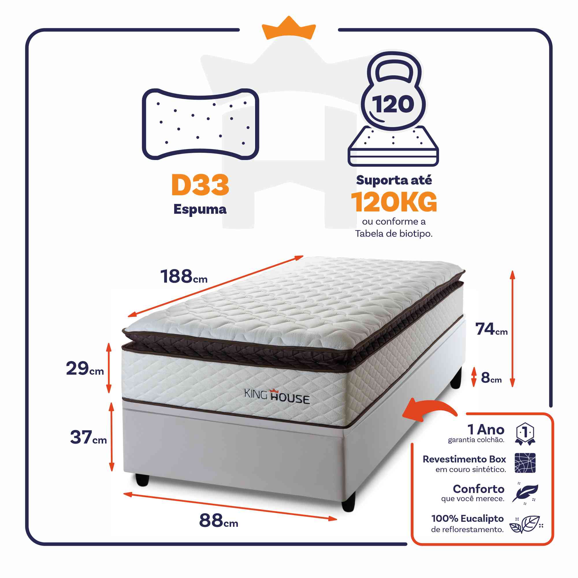 Cama Box Baú San Diego 88x188 Branco Espuma D33 King House