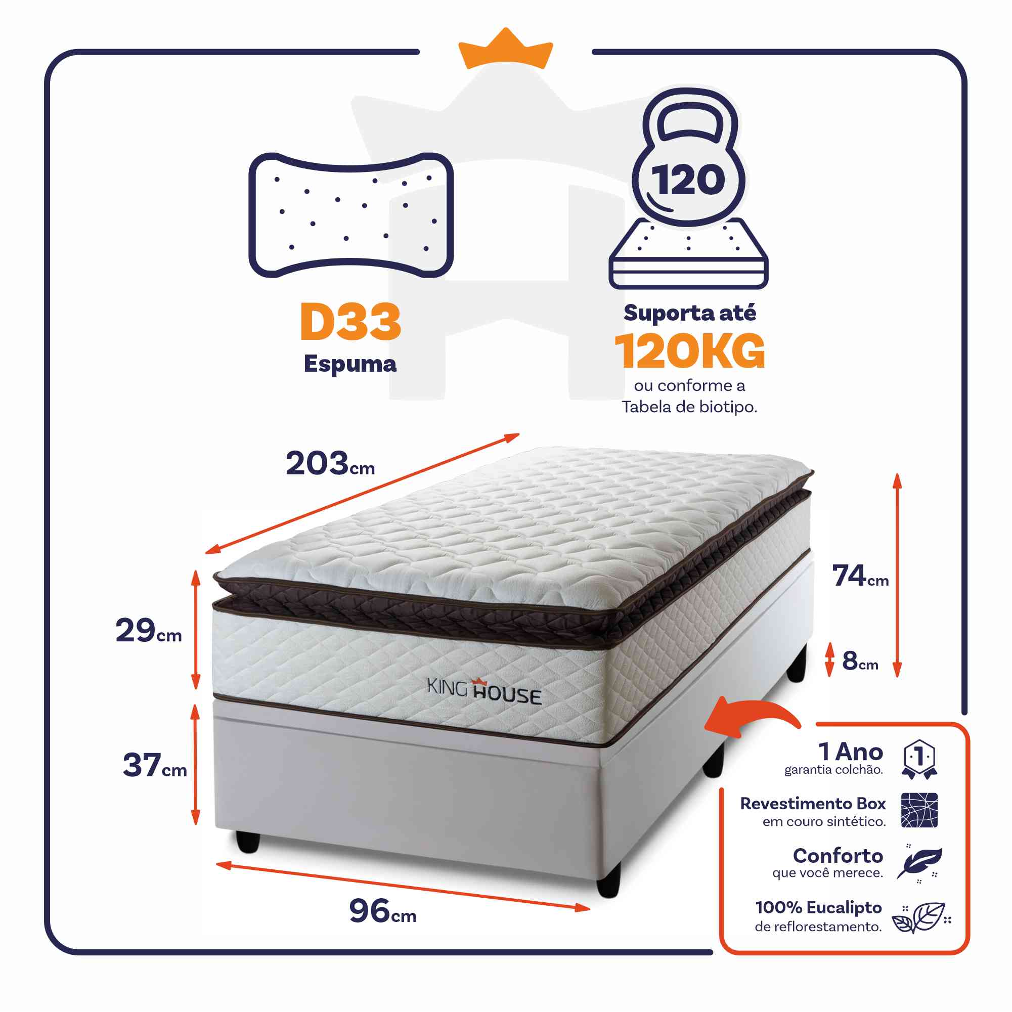 Cama Box Baú San Diego 96x203 Branco Espuma D33 King House