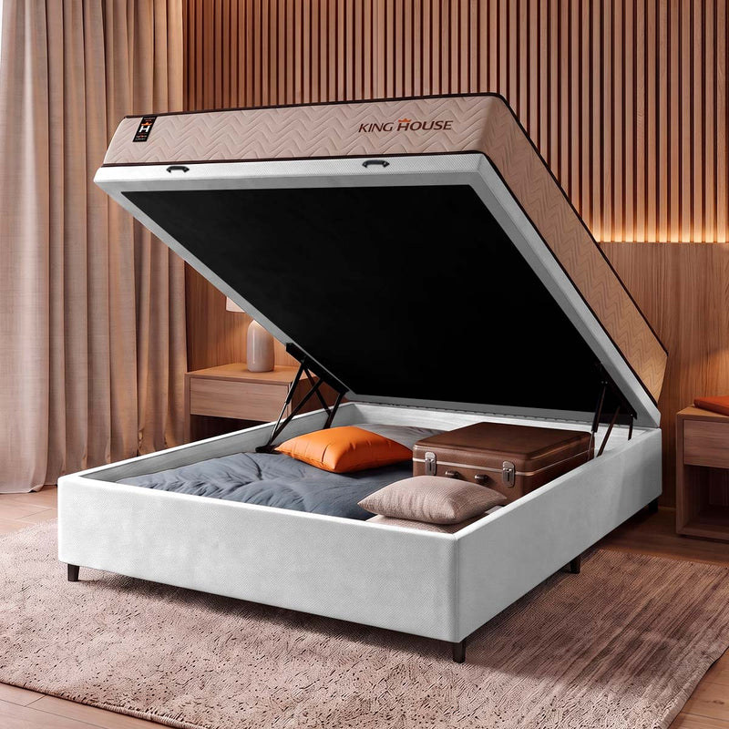 Cama Box Baú San Diego 138x188 Bege e Branco Espuma D33