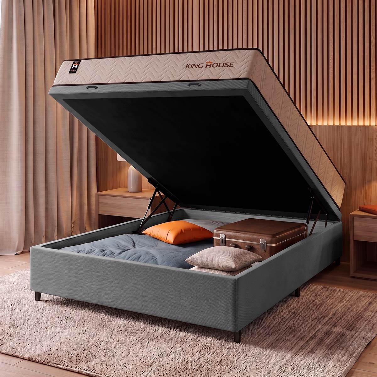 Cama Box Baú San Diego 138x188 Bege e Cinza