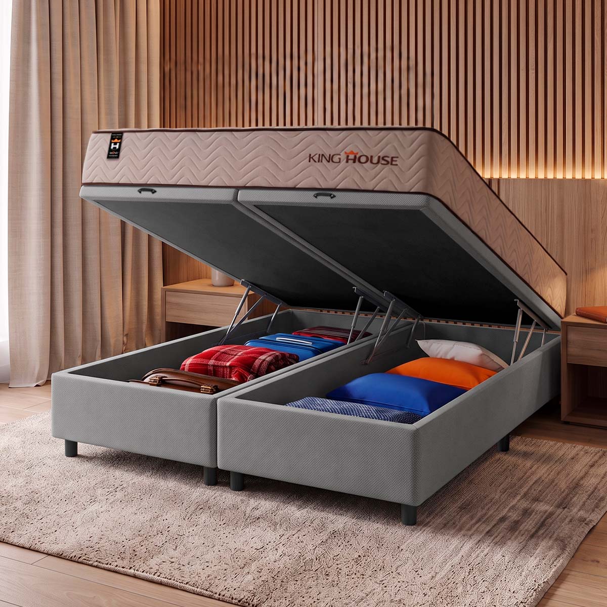 Cama Box Baú San Diego 158x198 Bege e Cinza
