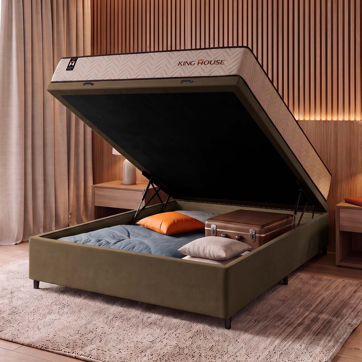 Cama Box Baú San Diego 138x188 Bege e Marrom Espuma D33
