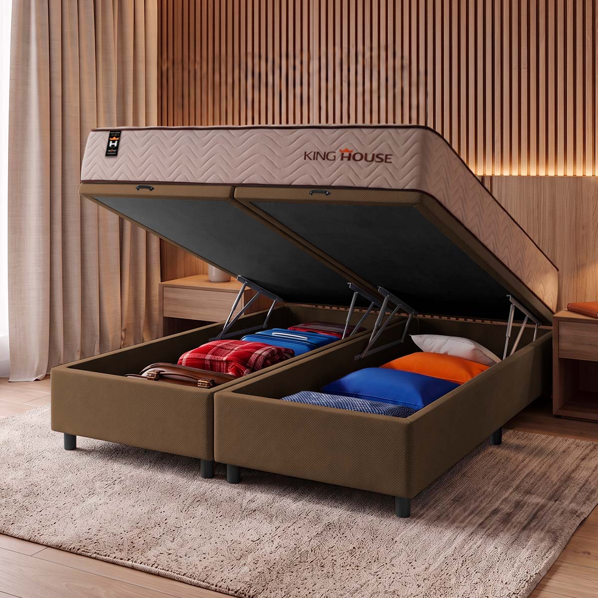 Cama Box Baú San Diego 158x198 Bege e Marrom