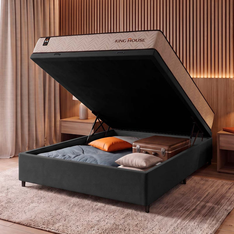 Cama Box Baú San Diego 138x188 Bege e Preto Espuma D33